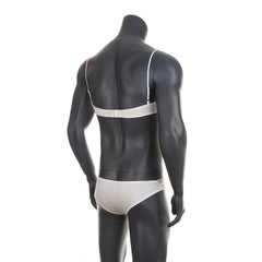 white lace Good Boy bralette and brief set flat display, see-through lace, stretch elastic trim, cute lingerie silhouette – pridevoyageshop.com – gay men’s harness, lingerie and fetish wear