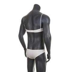 white lace Good Boy bralette and brief set flat display, see-through lace, stretch elastic trim, cute lingerie silhouette – pridevoyageshop.com – gay men’s harness, lingerie and fetish wear