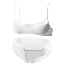 white lace Good Boy bralette and brief set flat display, see-through lace, stretch elastic trim, cute lingerie silhouette – pridevoyageshop.com – gay men’s harness, lingerie and fetish wear