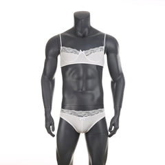 white lace Good Boy bralette and brief set flat display, see-through lace, stretch elastic trim, cute lingerie silhouette – pridevoyageshop.com – gay men’s harness, lingerie and fetish wear