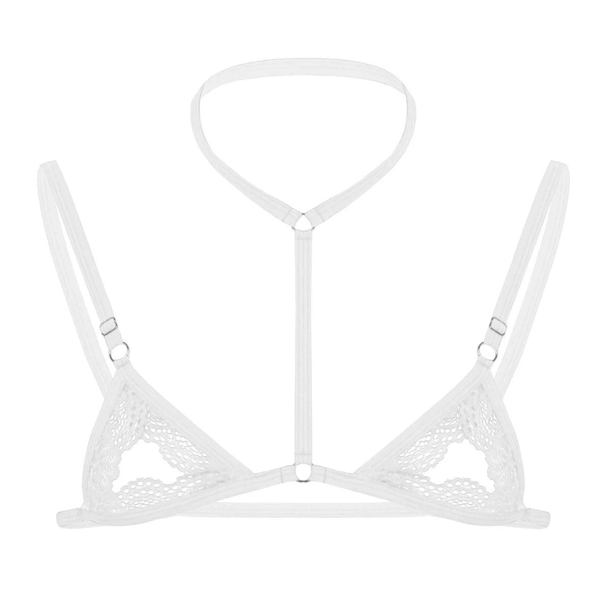 white lace T-bar collar bralette flat lay, sheer lace cups with nipple peek front strap – pridevoyageshop.com – gay men’s harness, lingerie and fetish wear