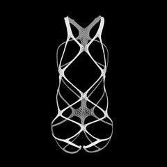 white strap cut-out bodysuit flat lay with open chest and high-rise cut – pridevoyageshop.com – gay men’s harness, lingerie and fetish wear