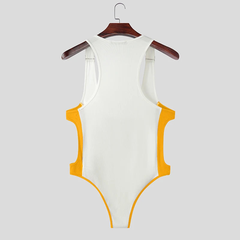 yellow Jock Fantasy Jersey Bodysuit flat lay showing mesh top, athletic stripes and open jock-back cut – pridevoyageshop.com – gay men’s harness, lingerie and fetish wear

