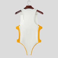 yellow Jock Fantasy Jersey Bodysuit flat lay showing mesh top, athletic stripes and open jock-back cut – pridevoyageshop.com – gay men’s harness, lingerie and fetish wear
