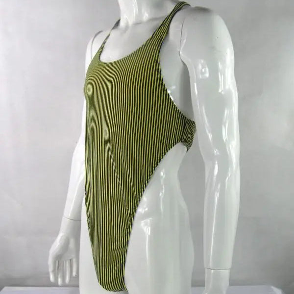 yellow and black stripe thong bodysuit flat lay, sporty cut, high-leg design, sleek stretch fabric – pridevoyageshop.com – gay men’s harness, lingerie and fetish wear