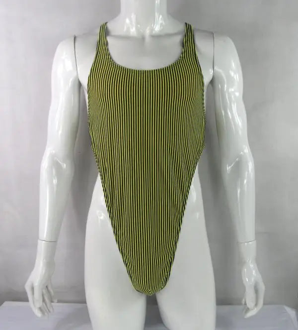 yellow and black stripe thong bodysuit flat lay, sporty cut, high-leg design, sleek stretch fabric – pridevoyageshop.com – gay men’s harness, lingerie and fetish wear