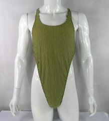 yellow and black stripe thong bodysuit flat lay, sporty cut, high-leg design, sleek stretch fabric – pridevoyageshop.com – gay men’s harness, lingerie and fetish wear