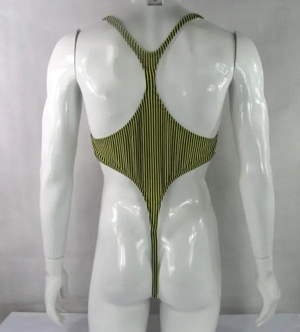 yellow and black stripe thong bodysuit flat lay, sporty cut, high-leg design, sleek stretch fabric – pridevoyageshop.com – gay men’s harness, lingerie and fetish wear
