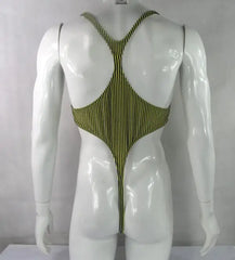 yellow and black stripe thong bodysuit flat lay, sporty cut, high-leg design, sleek stretch fabric – pridevoyageshop.com – gay men’s harness, lingerie and fetish wear