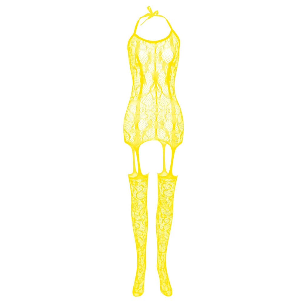 yellow neon fishnet teddy flat lay with high-cut design – pridevoyageshop.com – gay men’s harness, lingerie and fetish wear