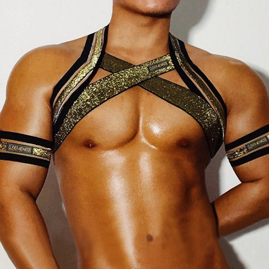 Golden Pride Elastic Harness: Hot Night Club Wear for Guys- pridevoyageshop.com - gay men’s harness, lingerie and fetish wear