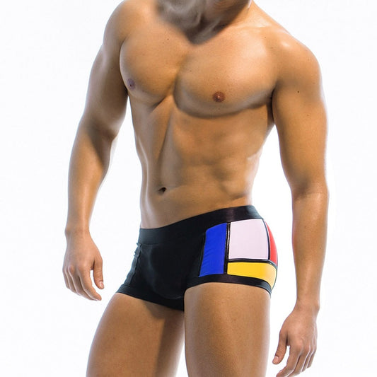 hot gay guys in black Gay Swimwear & Beachwear | Piet Mondrian Art Deco Swim Trunks - pridevoyageshop.com - gay men’s underwear and swimwear