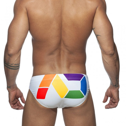 hot gay man in white Gay Swimwear | Gay Men's Rainbow Geometric Swim Briefs- pridevoyageshop.com - gay men’s underwear and swimwear