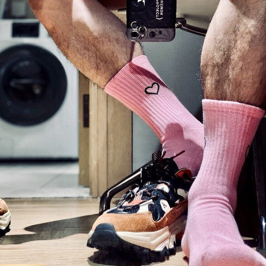 pink Men's Heart Crew Socks: Gay White Socks for the Modern Gay Man- pridevoyageshop.com - gay men’s harness, lingerie and fetish wear