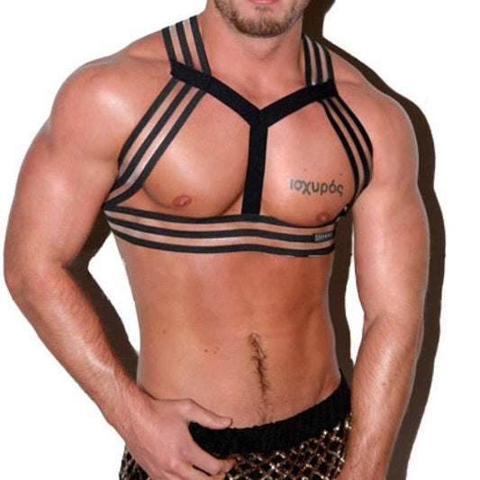 Black Multi-Strap Elastic Chest Harness: Sexy Clubwear for Men- pridevoyageshop.com - gay men’s harness, lingerie and fetish wear