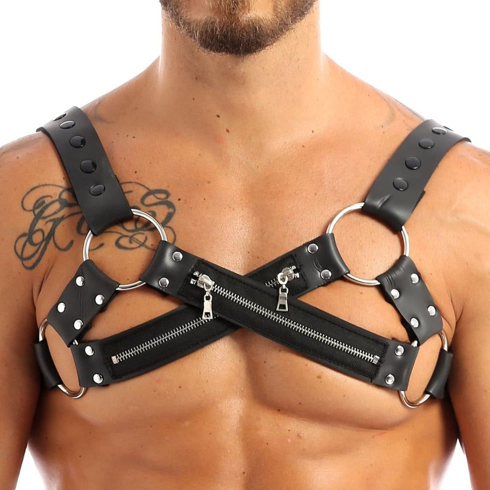 sexy gay man in Zipper X-Gay Man Chest Harness | Gay Harness- pridevoyageshop.com - gay men’s harness, lingerie and fetish wear