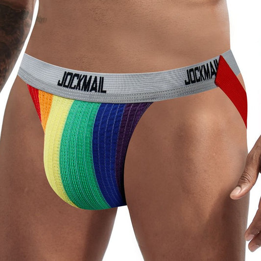 side of a man in gray belt Jockmail Rainbow Pride Jockstrap: Good Pouch Underwear for Men - pridevoyageshop.com - gay men’s underwear and swimwear