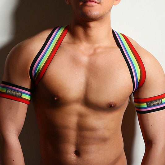 Rainbow Pride Elastic Chest Harness: Men's Sexy Clubwear and Lingerie- pridevoyageshop.com - gay men’s harness, lingerie and fetish wear
