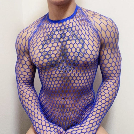 Blue Men's Long Sleeve Fishnet T-Shirt: Top Net Shirt for Men- pridevoyageshop.com - gay men’s harness, lingerie and fetish wear