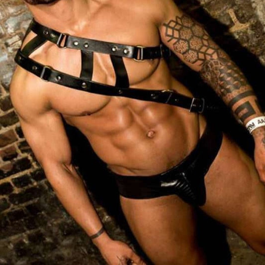 "Yes, Sir" Leather Chest Harness: Sexy Gay Lingerie and Clubwear- pridevoyageshop.com - gay men’s harness, lingerie and fetish wear