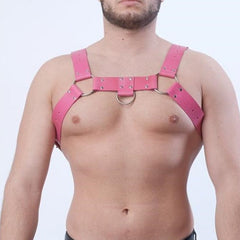 Pink Leather Chest Harness: Gay Lingerie and Night Club Wear- pridevoyageshop.com - gay men’s harness, lingerie and fetish wear