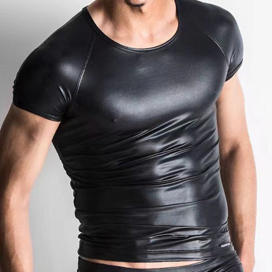 Gay Mens Fashion: Mens Black Leather T-Shirt: Perfect for Gay Outfits- pridevoyageshop.com - gay men’s harness, lingerie and fetish wear