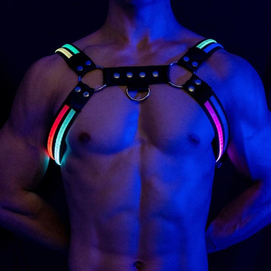Rainbow Glow Chest Harness: Mens Best Night Club Wear - pridevoyageshop.com - gay men’s harness, lingerie and fetish wear