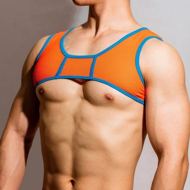 hot gay man in orange DM Passion Mesh Harness | Gay Harness- pridevoyageshop.com - gay men’s harness, lingerie and fetish wear