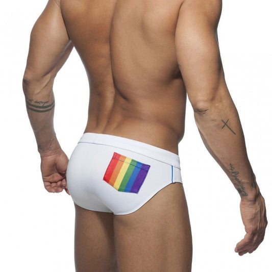 White Men's Swim Wear: Swim Briefs with Rainbow Pocket - pridevoyageshop.com - gay men’s underwear and swimwear