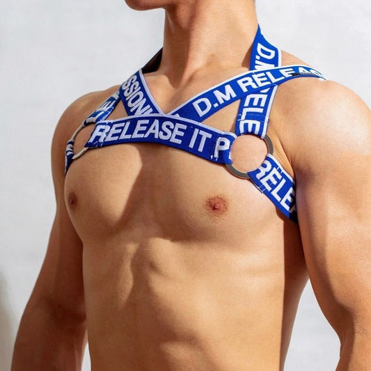 sexy gay man in blue DM Men's Release O-Ring Chest Harness | Gay Harness- pridevoyageshop.com - gay men’s harness, lingerie and fetish wear